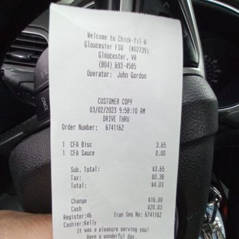 Chick-fil-A - My receipt - Fast Food Near Me - Gloucester, Virginia