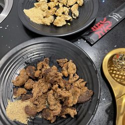 Papa Zhang’s BBQ & Hot Pot - Fried oyster mushrooms (top) and fried beef (bottom)