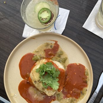 Panxa Cocina - Stacked Enchilada with short ribs (no cheese, Christmas style) and margapeño margarita - Cocktail Bars Near Me - Long Beach, California
