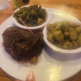 The Black Cow - 10 ounce steak with Fried Okra and collard greens - American Near Me - Columbus, Georgia The Black Cow - 10 ounce steak with Fried Okra and collard greens - American Near Me - Columbus, Georgia