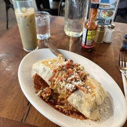 Breakfast burrito with steak + strawberry matcha. Absolutely delicious