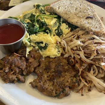 Dandelion Cafe - The basic breakfast with maple sausage and spinach added - Coffee & Tea Near Me - Bellaire, Texas