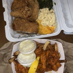 Fried chicken with Mac n cheese and greens, and Buffalo shrimp with fries. EVERYTHING was absolutely amazing Fried chicken with Mac n cheese and greens, and Buffalo shrimp with fries. EVERYTHING was absolutely amazing