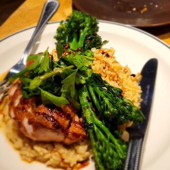 Cafe Robey - Roasted chicken - creamy parmesan orzo, chili roaster broccolini, chicken jus, herb salad - Breakfast & Brunch Near Me - Chicago, Illinois Cafe Robey - Roasted chicken - creamy parmesan orzo, chili roaster broccolini, chicken jus, herb salad - Breakfast & Brunch Near Me - Chicago, Illinois