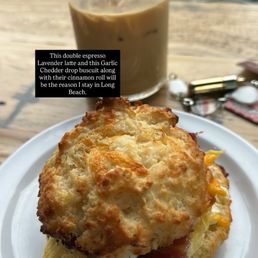 Cheddar drop biscuits with Bacon, lavender ice latte