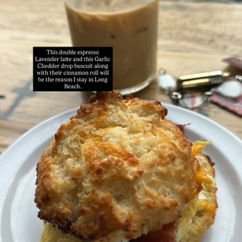Saints and Sinners Bakeshop - Cheddar drop biscuits with Bacon, lavender ice latte - Coffee & Tea Near Me - Long Beach, California