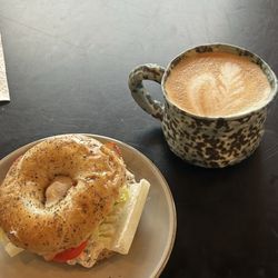 Alauda Coffeehouse - Vanilla oatmilk latte and blt bagel