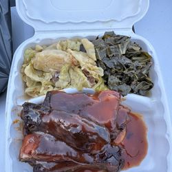 Kelsey & Kim's Southern Cafe - BBQ pork ribs, cabbage, collard greens