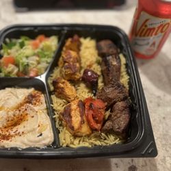 Chicken & Beef Shish Plate, with rice, hummus, and salad, and Pita