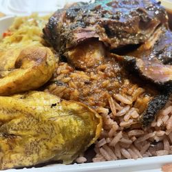 Jerk Chicken, Rice and Peas, Fried Plantains, Steamed Herbal Cabbage