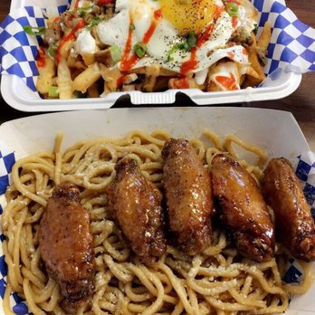 Blue Saigon - Sisig fries and Candy fried chicken with garlic noodles - Asian Fusion Near Me - Pittsburg, California