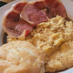 Mr. Rivers Breakfast Joint - Ham and red eye gravy over creamy grits with biscuit