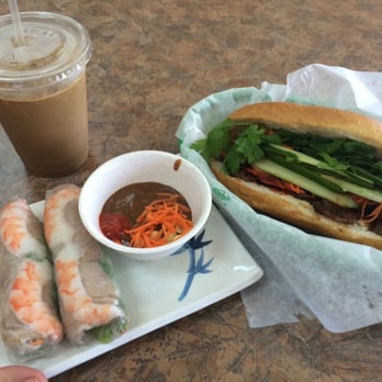 Pho 89 - Cafe Sua Da, Ban Mi with grilled pork, and the Shrimp Spring Rolls. - Vietnamese Near Me - Houston, Texas