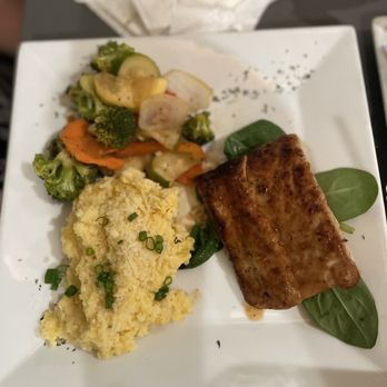 Back 2 Shuckers - Coriander Crusted Mahi with grits and steamed veggies - Seafood Near Me - Oak Island, North Carolina