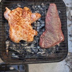 De-boned jidori whole chicken and waygu tri-tip on the grill.