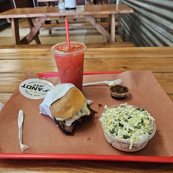 Ray’s BBQ - Pitmaster Brisket Spicy Sandwich with a side of ColeSlaw and Strawberry lemonade drink. - Barbeque Near Me - Huntington Park, California Ray’s BBQ - Pitmaster Brisket Spicy Sandwich with a side of ColeSlaw and Strawberry lemonade drink. - Barbeque Near Me - Huntington Park, California