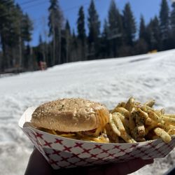 Inclined Burgers and Brew - Inclined burger and side of garlic fries.