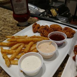 Fatty chicken "strips" and lunch lady fries. Fatty chicken "strips" and lunch lady fries.