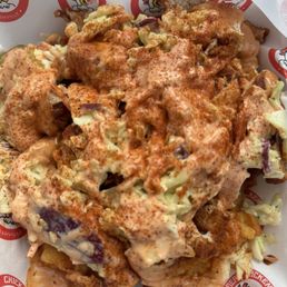 Loaded fries with cheese, cosla, chicken, mayo