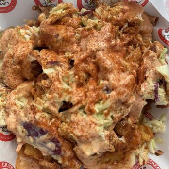 Fiery Chicken - Loaded fries with cheese, cosla, chicken, mayo - American Near Me - Plano, Texas