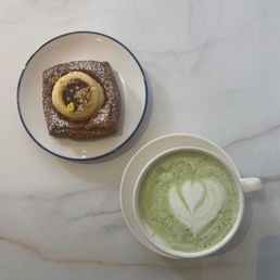 Copperleaf Bakery - Delicious Clotted Cream Fig Danish, yet clumpy Matcha Latte Copperleaf Bakery - Delicious Clotted Cream Fig Danish, yet clumpy Matcha Latte