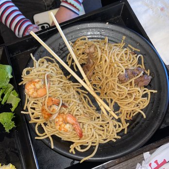 Red Flame - Shrimp Garlic Noodles & Steak Garlic Noodles (Just shared onto one plate) - Hot Pot Near Me - Artesia, California Red Flame - Shrimp Garlic Noodles & Steak Garlic Noodles (Just shared onto one plate) - Hot Pot Near Me - Artesia, California