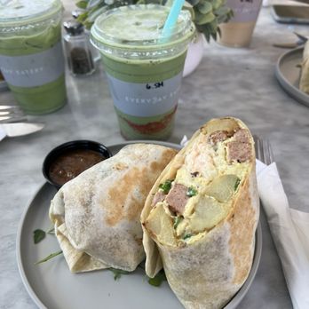 Everyday Eatery - Turkey sausage breakfast burrito and strawberry matcha latte - Cafes Near Me - Irvine, California Everyday Eatery - Turkey sausage breakfast burrito and strawberry matcha latte - Cafes Near Me - Irvine, California