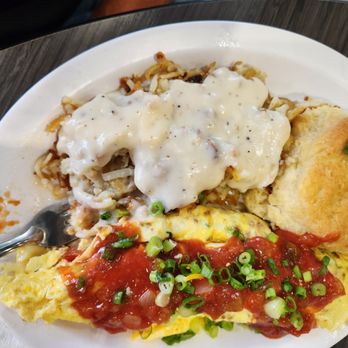 Biscuit House- Tumwater - Spanish Omelet (with country gravy on hashbrowns) - Breakfast & Brunch Near Me - Tumwater, Washington Biscuit House- Tumwater - Spanish Omelet (with country gravy on hashbrowns) - Breakfast & Brunch Near Me - Tumwater, Washington