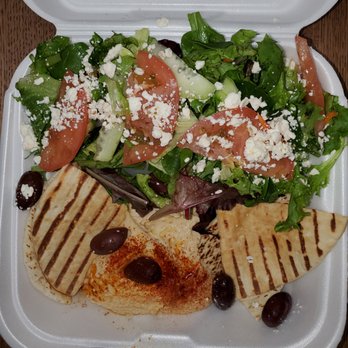 Cafe 201 - Mediterranean Plate... lots of yummy hummus with 4 pieces of pita bread & a salad... - Cafes Near Me - Santa Ana, California