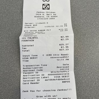 Zankou Chicken - Receipt for order number 68 on January 25 2022 - Mediterranean Near Me - Anaheim, California Zankou Chicken - Receipt for order number 68 on January 25 2022 - Mediterranean Near Me - Anaheim, California