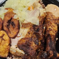 Island Jerk - Jerk chicken plate with plantains, steamed cabbage and rice and beans