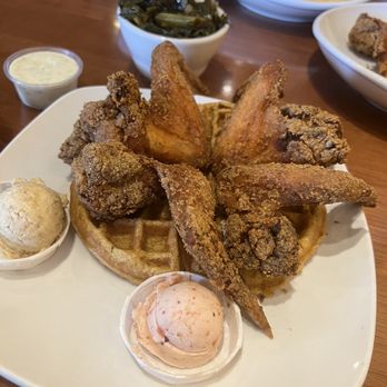 Dame's Chicken and Waffles - The Dueling Roosters with Strawberry and Vanilla-Almond shmear - New American Near Me - Cary, North Carolina Dame's Chicken and Waffles - The Dueling Roosters with Strawberry and Vanilla-Almond shmear - New American Near Me - Cary, North Carolina