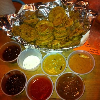 Blackstrap BBQ - Fried pickles and just SOME of the sauces they have - Barbeque Near Me - Winthrop, Massachusetts