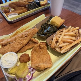 TJ's Catfish and Wings - Catfish 3 Pieces Dinner, Drink and 2 Hush Puppies, Corn Bread, Fries, and Collard Greens - Chicken Wings Near Me - Arlington, Texas TJ's Catfish and Wings - Catfish 3 Pieces Dinner, Drink and 2 Hush Puppies, Corn Bread, Fries, and Collard Greens - Chicken Wings Near Me - Arlington, Texas