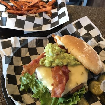 Oak Tree Cafe - Guacamole Burger and a side of sweet potato fries - Bars Near Me - Albuquerque, New Mexico