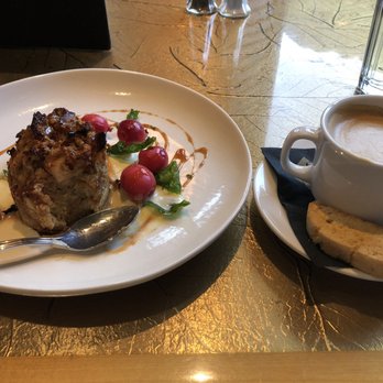 Aurora Bar and Grill - Strawberry rhubarb bread pudding and cappuccino - New American Near Me - Girdwood, Alaska