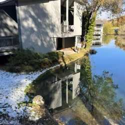 Elegant reflective pond beside the home -- clean, healthy water creating a peaceful landscape view.
