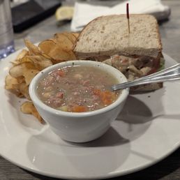 Ham and Navy Bean Soup with Shrimp Salad Sandwich and chips Half Soup Half Sandwich Ham and Navy Bean Soup with Shrimp Salad Sandwich and chips Half Soup Half Sandwich