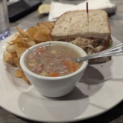 G L Shacks Grill - Ham and Navy Bean Soup with Shrimp Salad Sandwich and chips Half Soup Half Sandwich