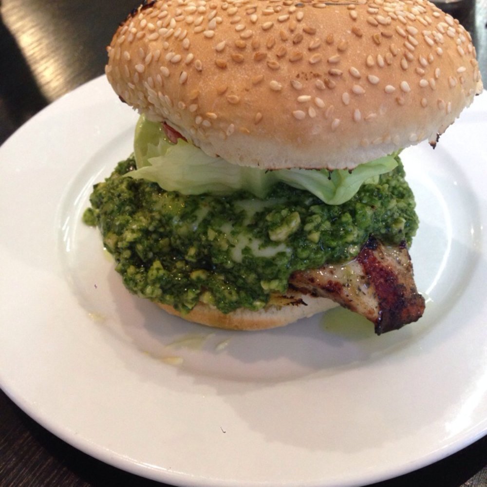Pesto mozzarella chicken burger. So good! Pesto mozzarella chicken burger. So good!