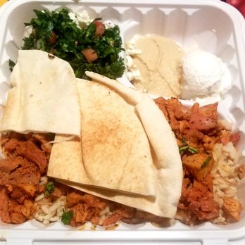 To Beirut - Shawarma Plate. Take out photo: served with rice pilaf and choice of house salad(tabouleh-here), hummus and their special Garlic Sauce. - Lebanese Near Me - Norwood, Massachusetts