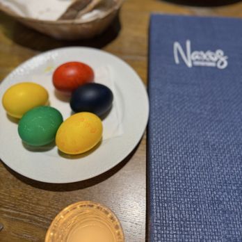 Naxos Estiatorio - Hard boiled eggs at the table - Greek tradition is for two to tap eggs - good luck to the one with no cracks ! - Pop-Up Restaurants Near Me - Woodland Park, New Jersey