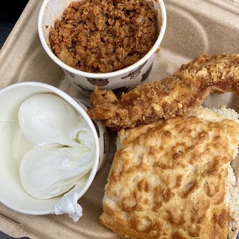 Biscuit Head - Biscuit, poached Eggs, House-made Veggie Chorizo, and Fried Chicken. - Cafes Near Me - Asheville, North Carolina Biscuit Head - Biscuit, poached Eggs, House-made Veggie Chorizo, and Fried Chicken. - Cafes Near Me - Asheville, North Carolina