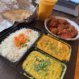Chicken Curry Lunch Box, Cauliflower Manchurian appetizer, Mango Lassi Chicken Curry Lunch Box, Cauliflower Manchurian appetizer, Mango Lassi