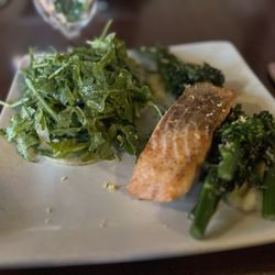 The Irving Inn Social - Grilled salmon with brocollini and apple purée with a side of greens.