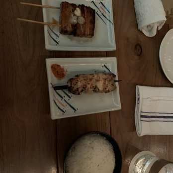 Two Ten Jack - yakitori (pork belly and chicken breast) + side of rice - Cocktail Bars Near Me - Nashville, Tennessee