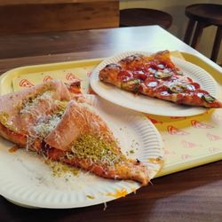 Heartbreakers Pizza - Mortadella slice ($6.50) and Sweetheart slice ($5).