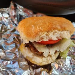 The Longstreet Café - A beautiful STEAK BISCUIT WITH LETTUCE AND TOMATO and it was fabulous!  Loved it!