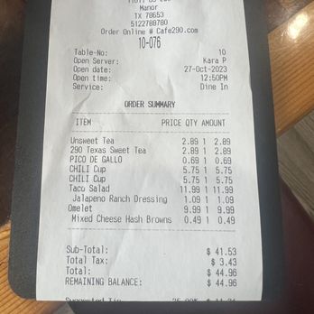 Cafe 290 Manor - Receipt - Breakfast & Brunch Near Me - Manor, Texas