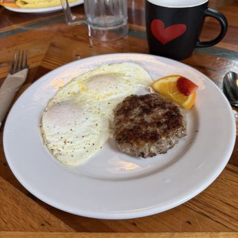 The Little Grill - Overeasy eggs and their homemade sausage patty. - Vegetarian Near Me - Harrisonburg, Virginia